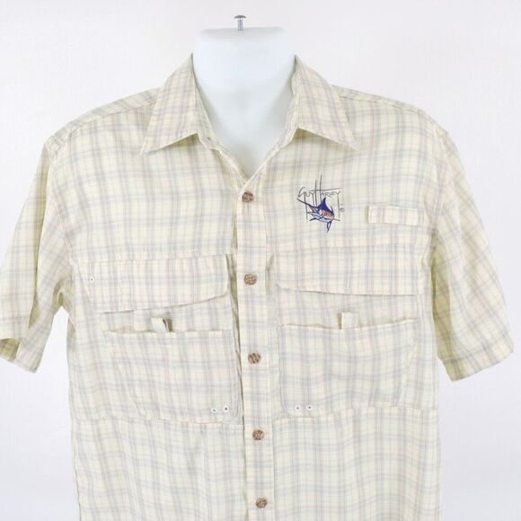Guy Harvey Vented Fishing Collared Shirt Small‎ Yellow Blue Plaid Textured Short - Picture 1 of 11